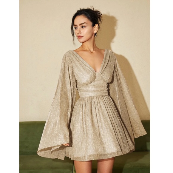 Champagne Beige Mini Dress Flared Bell Long Sleeve Fitted Waist - Picture 6 of 12